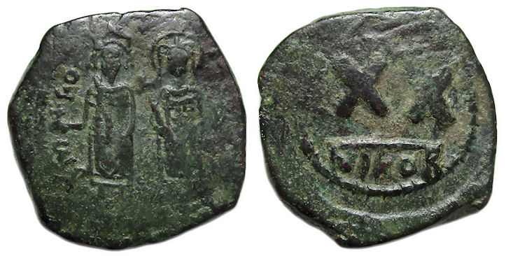 Phocas with Leontia Ae Half Follis : Nikomedia : Scarce Type