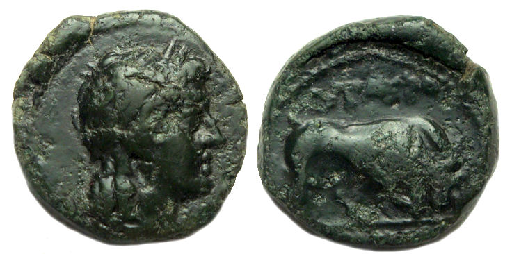 Sicily Tauromenion Æ Hemilitron : Apollo / Bull Butting